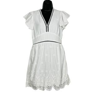NEW! Runway Paris Flutter Sleeve Dress Cutout White Eyelet Trim - M